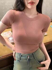 Camiseta de manga corta de unicolor casual para mujer, verano - Rosa vieja - Ver 1