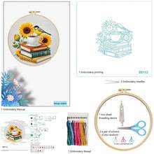 療癒刺繡套組，熱氣球與向日葵花卉刺繡，書房與餐廳裝飾畫，含說明書與刺繡框的完整DIY套件 - 多色 - 查看 4