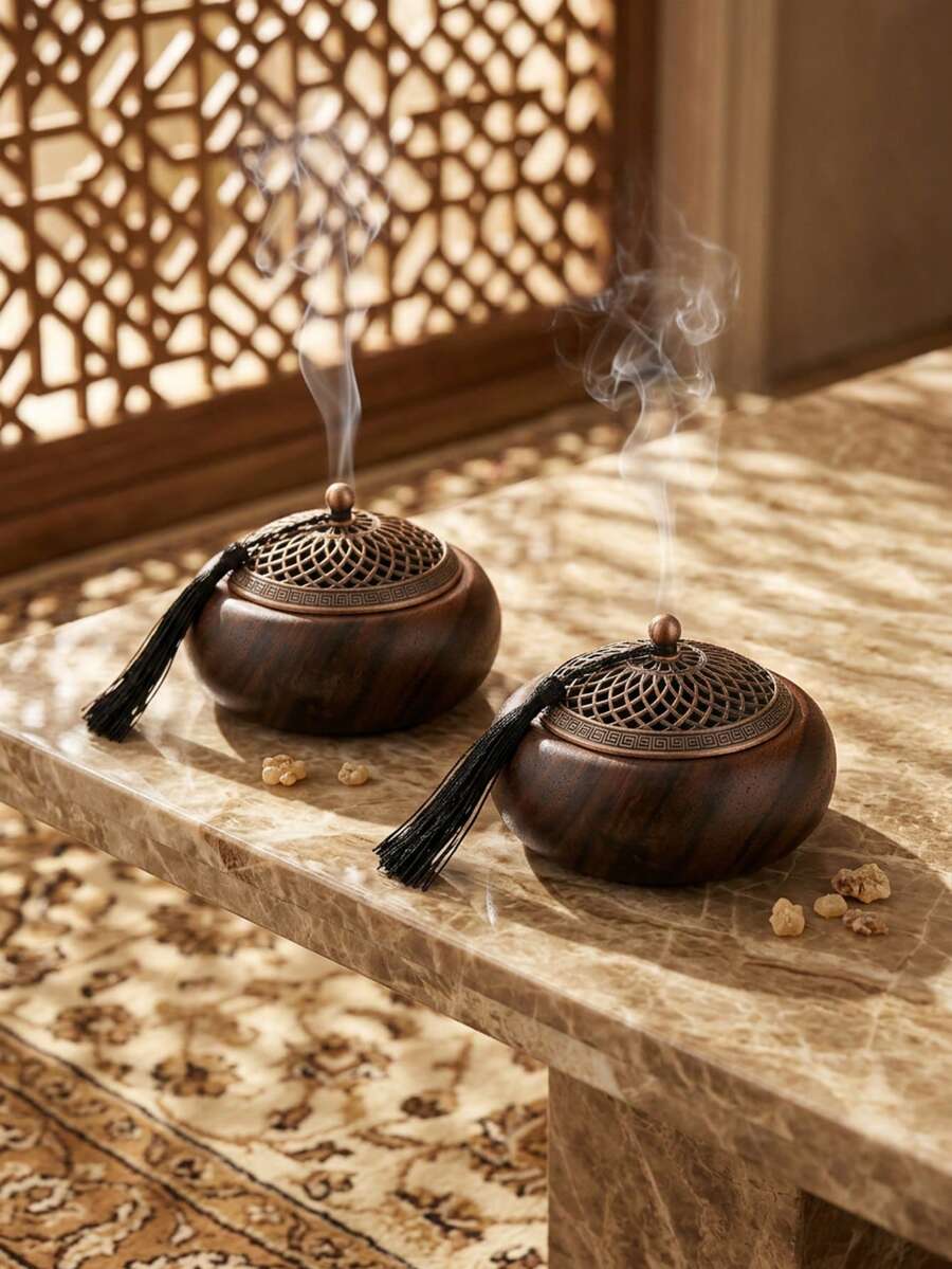 1個/套花紋蓋木紋香爐 中式復古風格樹脂香爐 圓形木紋容器設計香爐 適用於中式客廳咖啡桌、書房古董展示架、茶室收納桌、居家裝飾、裝飾陳列、極簡客廳、民宿、特色咖啡館、辦公室、居家美學、生日禮物