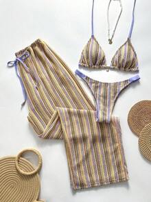 Swim Chiccia Conjunto de bikini a rayas sexy para mujer con pantalones, nueva llegada de trajes de baño para mujer 2026, adecuado para la escuela, vacaciones, citas, té de la tarde, estilo occidental, cruceros, playa, isla, viajes por carretera, todas las estaciones, festivales de música, vacaciones bohemias, vacaciones bohemias, otoño relajado, estilo occidental bohemio, blusas elegantes para mujer - Multicolor 17 - Ver 7