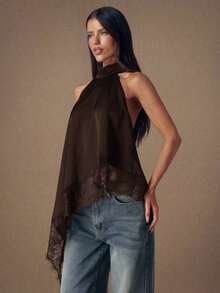 Top de satén con parches de encaje elegante sin espalda, blusa sexy de cuello halter sin mangas para fiestas, cócteles, ocasiones formales, Navidad y casual de negocios - Negro - Ver 8