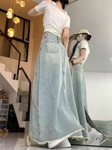 Women's Light Blue Washed Long Denim Skirt, Distressed Hem, Non-Stretch, Grunge Style Maxi Skirt, Suitable For Casual Wear - Light Wash - View 2