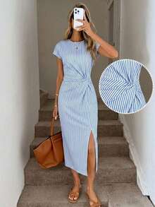 Vestido midi sin mangas con abertura alta, estampado elegante de lazo a rayas rosa, estilo minimalista casual; Vestido de punto de textura casual ajustado para mujer; Conjunto de fitness para mujer; Vestido de invitada de boda para mujer; Atuen - Multicolor 5 - Ver 6
