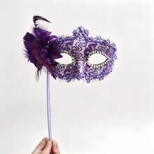 1pc Women's Multi-Color Rhinestone & Ostrich Feather Half Face Mysterious Sexy Masquerade Feather Hand Held Mask With Handle, Suitable For Various Festivals, Parties, Galas, Performances - Multicolor - View 14