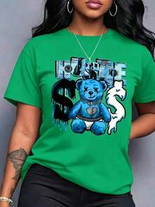 1 Piece Casual Fashion For Men And Women Spring Clothes Women Light Blue Bear Pattern Printed T-Shirt - Short Sleeve Round Neck Casual Top With Effort Slogan And Dollar Sign Design, Machine Washable Suitable For All Seasons, Comfortable Loose Fit And Comfortable Summer Versatile Style, Easy To Match, Suitable For Daily Wear, Urban Style, Holiday Outfits, Weekend Outfits. - 綠色 - 查看 3