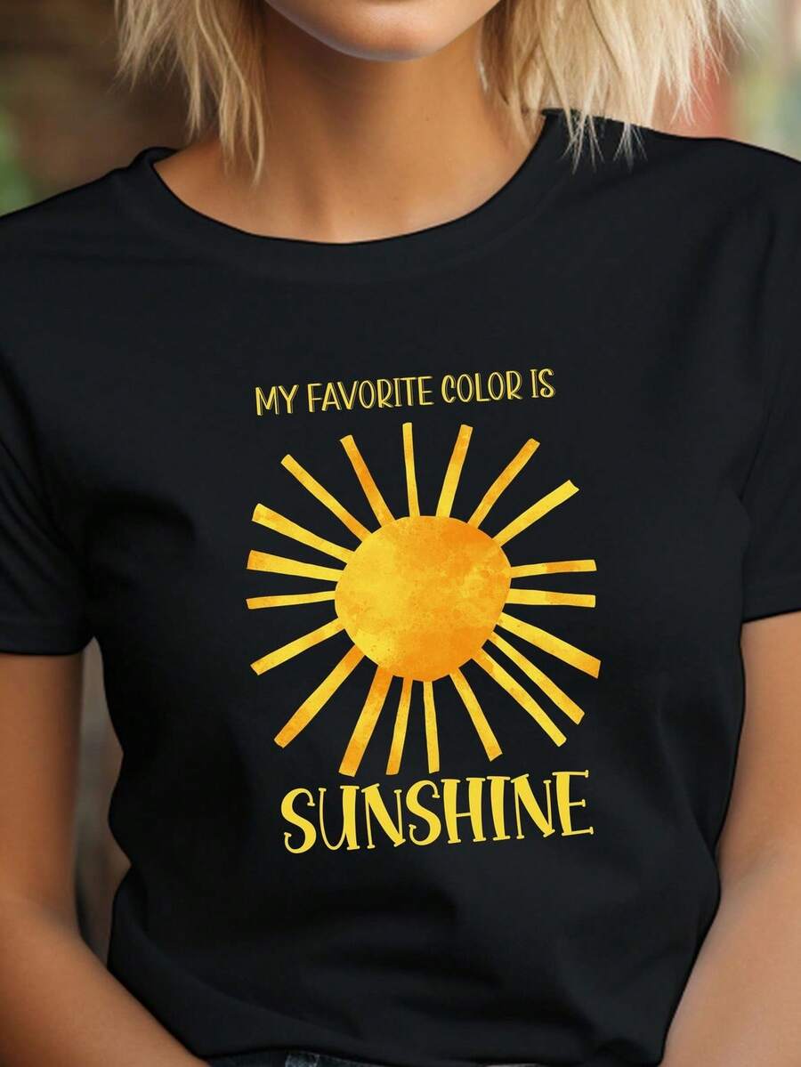 Camiseta "My Favorite Color Is Sunshine" para verano, con un bonito estampado de sol amarillo, ideal para amantes del sol, para usar en la playa, el mar o la piscina. Camiseta unisex de algodón puro de 220 g, peso ideal para todas las estaciones, apta tanto para hombres como para mujeres. Tejido duradero de alta calidad, suave al tacto y de larga duración. Top transpirable. Adecuado para mujeres en primavera y verano, vacaciones, Día de la Madre, Día de la Independencia. - Negro - Ver 1