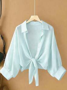 Nueva blusa informal de mujer de gasa de unicolor con mangas de murciélago cortas - Celeste - Ver 6