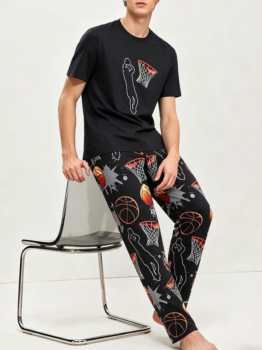 Casual Men's Spring/Summer Thin Pajama Set, Round Neck Cool Basketball Graffiti Print Short Sleeve Top And Long Pants 2-Piece Set, Lazy Comfortable Loungewear Suitable For Outdoor Wear - Multicolor - View 1