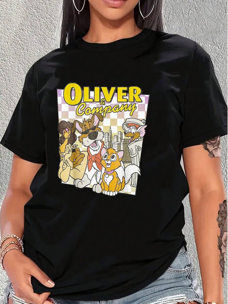 Colorful Illustration Showing A Group Of Adorable Urban Dogs In A Cheerful Atmosphere Of Friendship And City Adventures, Ideal For Conveying Positive Energy And Love For Animals. Comfortable And Casual Women's T-Shirt - 黑色 - 查看 1