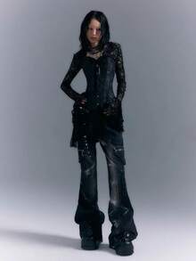 Punk Heavy Industries Low Waist Micro Pants Washed Denim Trousers - Black and Gray - View 4