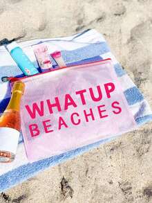 Waterproof Fashion Mesh Beach Bag With "WHATUP BEACHES" Printed Colorful Makeup Bag, Beach Themed, Large Capacity Transparent Cosmetic Bag, Lightweight Sun-Proof Storage Pouch, Essential For Beach, Nylon Zipper Toiletry Bag, Suitable For Swimming, Beach, Diving And Summer Vacation, Back To School, Birthday, Holiday, Party, Wedding (Bridesmaid) Gifts And Souvenirs - Multicolor - View 4