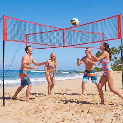 4 Square Volleyball Net Set 14FT, 3 Adjustable Heights, Portable PE Net With Ball Pump Bag For Backyard Beach Games