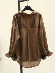 Women's Contrast Color Drop Shoulder Long Sleeve Front Button Casual Minimalist Semi-Sheer Shirt Spring - Brown - View 3