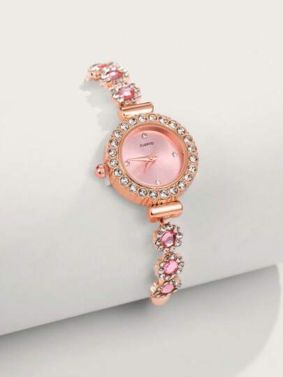 1pc Women's Pink Crystal Beaded Drawstring Bracelet With Crystal Inlaid Alloy Watch Case, Simple Diamond Scale Dial, Elegant & Fashionable Quartz Watch As A Gift For Students Returning To School