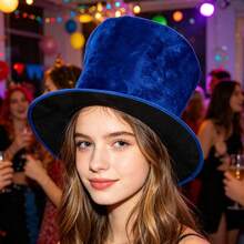Velvet Vintage Dramatic All Seasons Top Hat, Distressed Texture, Relaxed Fit, Perfect For Themed Party, Halloween Cosplay, Stage Performance - Dark Blue - View 2