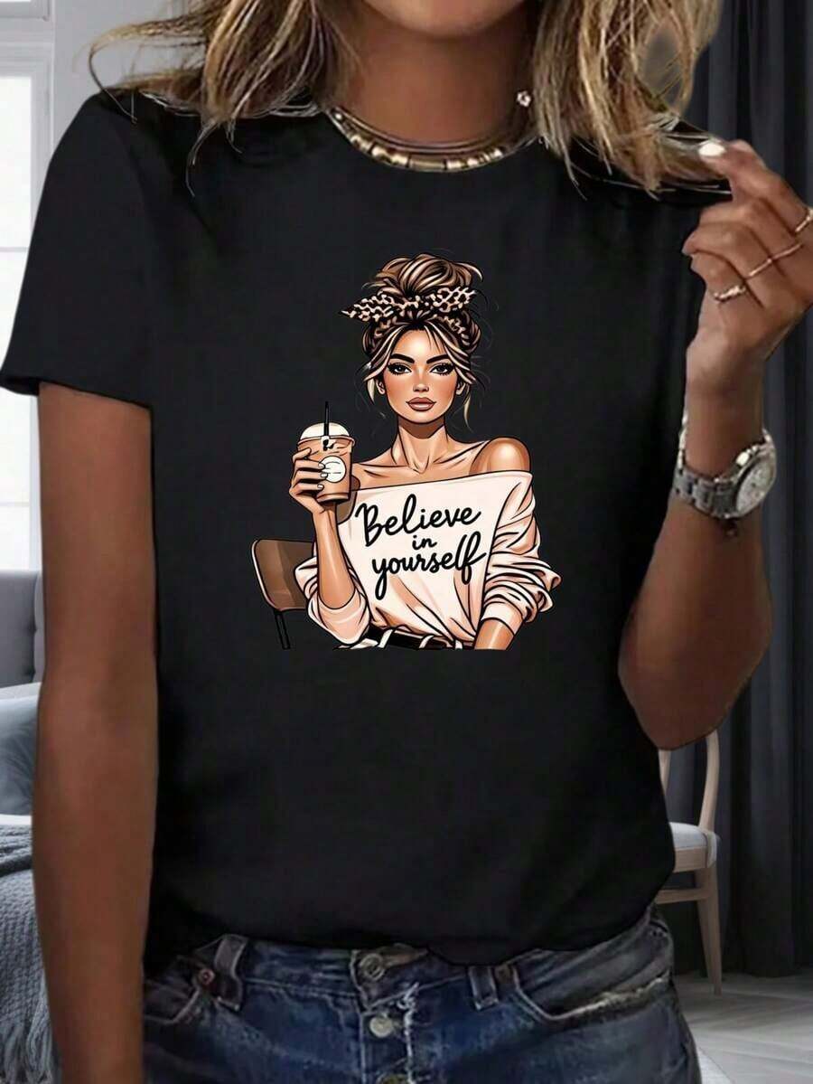 Women's "Believe In Yourself" T-Shirt With Motivational Design Of A Woman Holding A Drink And Leopard Headband, Fashionable Women's Top, Party And Vacation Clothes 220mgropa De Calor Mujer - 黑色 - 查看 1