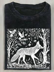 Camiseta de manga corta de estilo vintage y corte holgado, adornada con un llamativo estampado de pájaros y zorros – una camiseta de verano a la moda con cuello redondo, lavable a máquina y una excelente opción para el uso diario informal. |   Camiseta divertida |   Tela de algodón - Negro - Ver 7