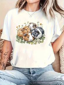 Lindo camiseta de cuello redondo con estampado de conejo de dibujos animados para mujer, para primavera y verano. - Blanco - Ver 7