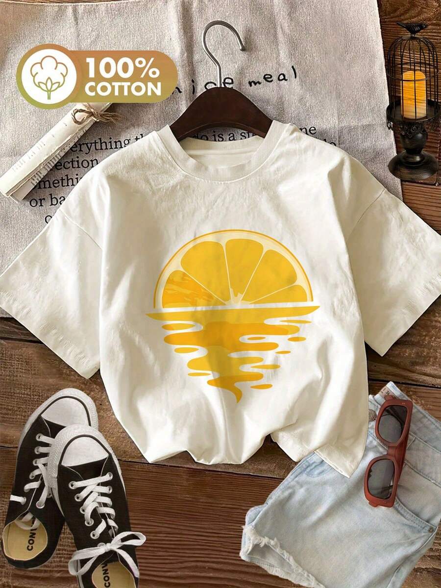 Graphic Print T-Shirt, Short Sleeve Crew Neck Casual Top For Summer & Spring, Women's ClothingPure Cotton Short-Sleeve Shirt - 杏色 - 查看 1