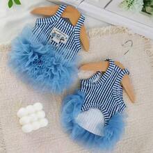 1 chiếc váy xòe kẻ sọc xanh trắng có quả bông, áo vest đeo ngực đa năng kiểu công chúa cho thú cưng nhỏ/vừa. - Màu xanh hải quân - Xem 1