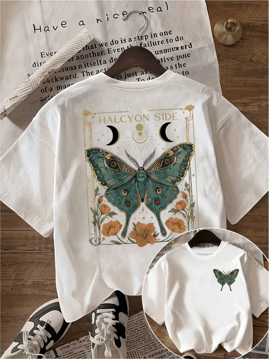 Women's T-Shirts, Summer Tops, Vintage Butterfly Pattern, Front And Back Print, Fashionable, Casual Round Neck Short-Sleeved Cotton T-Shirt, Women's T-Shirt - White - View 1