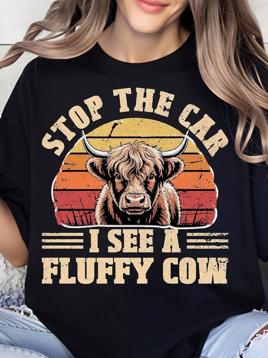 Detén El Auto, Veo Una Vaca Peluda, Camiseta Vintage Con Gráfico De Toro Para Mujeres, Hombres, Unisex, Camiseta Casual, Camiseta Con Humor De Animales De Granja, Atuendo De Verano, Regalo Para Amantes De Las Vacas - Negro - Ver 1