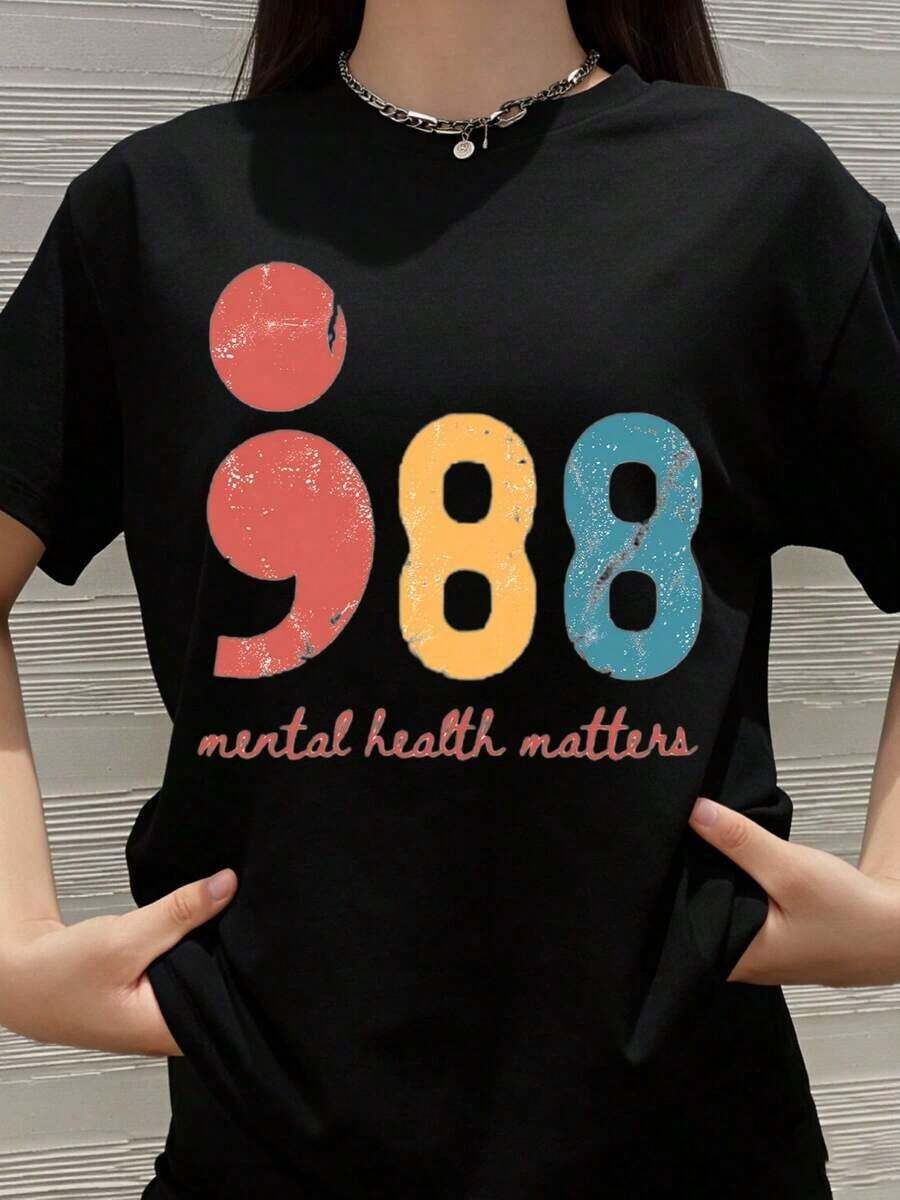 Camiseta 988 Mental Health Matters para Hombres y Mujeres, Estilo Vintage Unisex, con Gráficos de Números Coloridos y Mensaje Motivacional para la Concientización sobre la Salud Mental, el Autocuidado, la Promoción del Bienestar Emocional y la Intervención en Crisias, en el Día Nacional de Prevención del Suicidio o en Cualquier Otro Día. - Negro - Ver 1