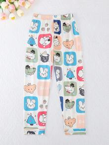 3pcs/Set Girls' Casual Cartoon Animal Print Polo Collar Short Sleeve Cardigan, Shorts & Pants Sleepwear Set, Flame Retardant, All Season - Multicolor - View 8