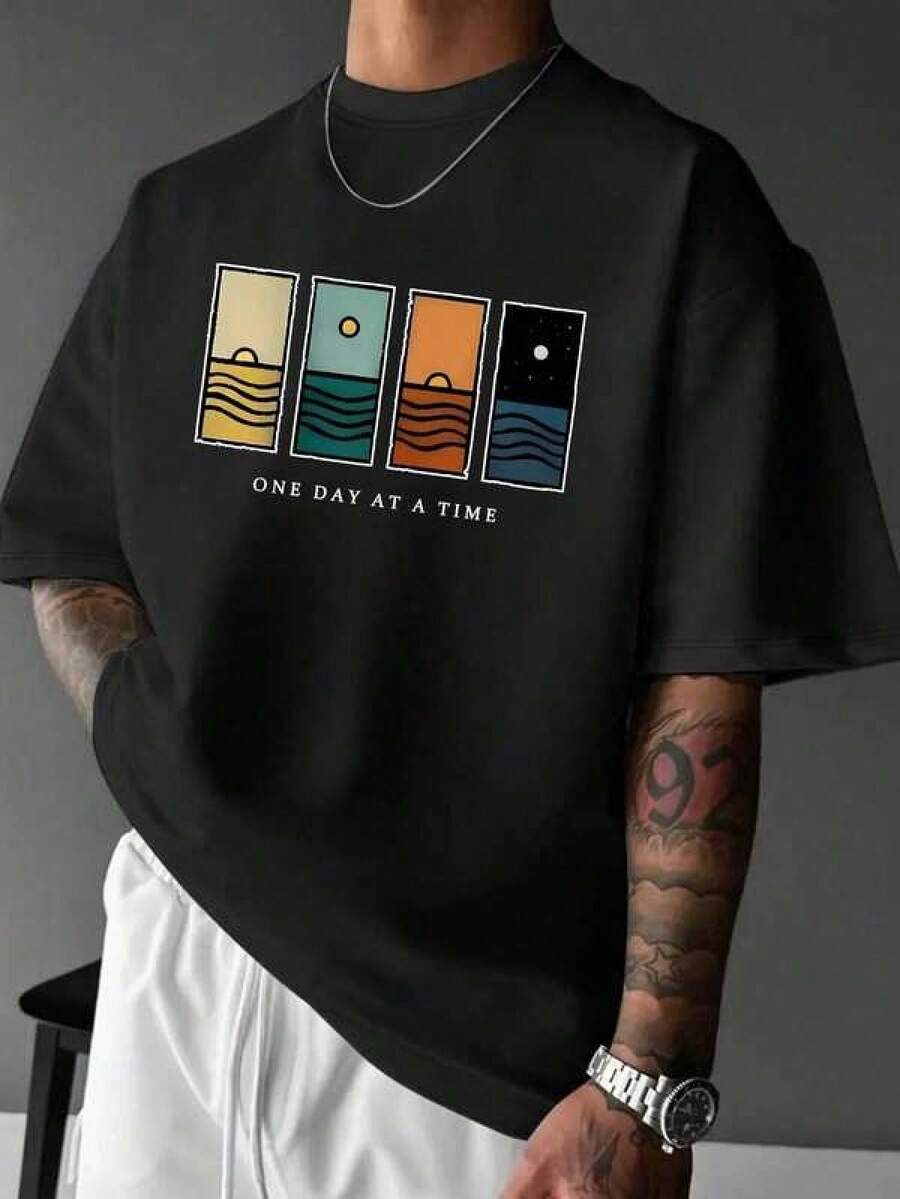 Retro GraphicManfinity Dauomo Plus Size Men's Loose Fit Round Neck Drop Shoulder Short Sleeve Casual T-Shirt, Summer,Camisetas populares de  para uso diario,Ropa de verano, ropa para niños y niñas,camisetas de apoyo para el Mundial,Camisetas del Mundial 2026,Camisetas estampadas,Camisetas estampadas, - Negro - Ver 1