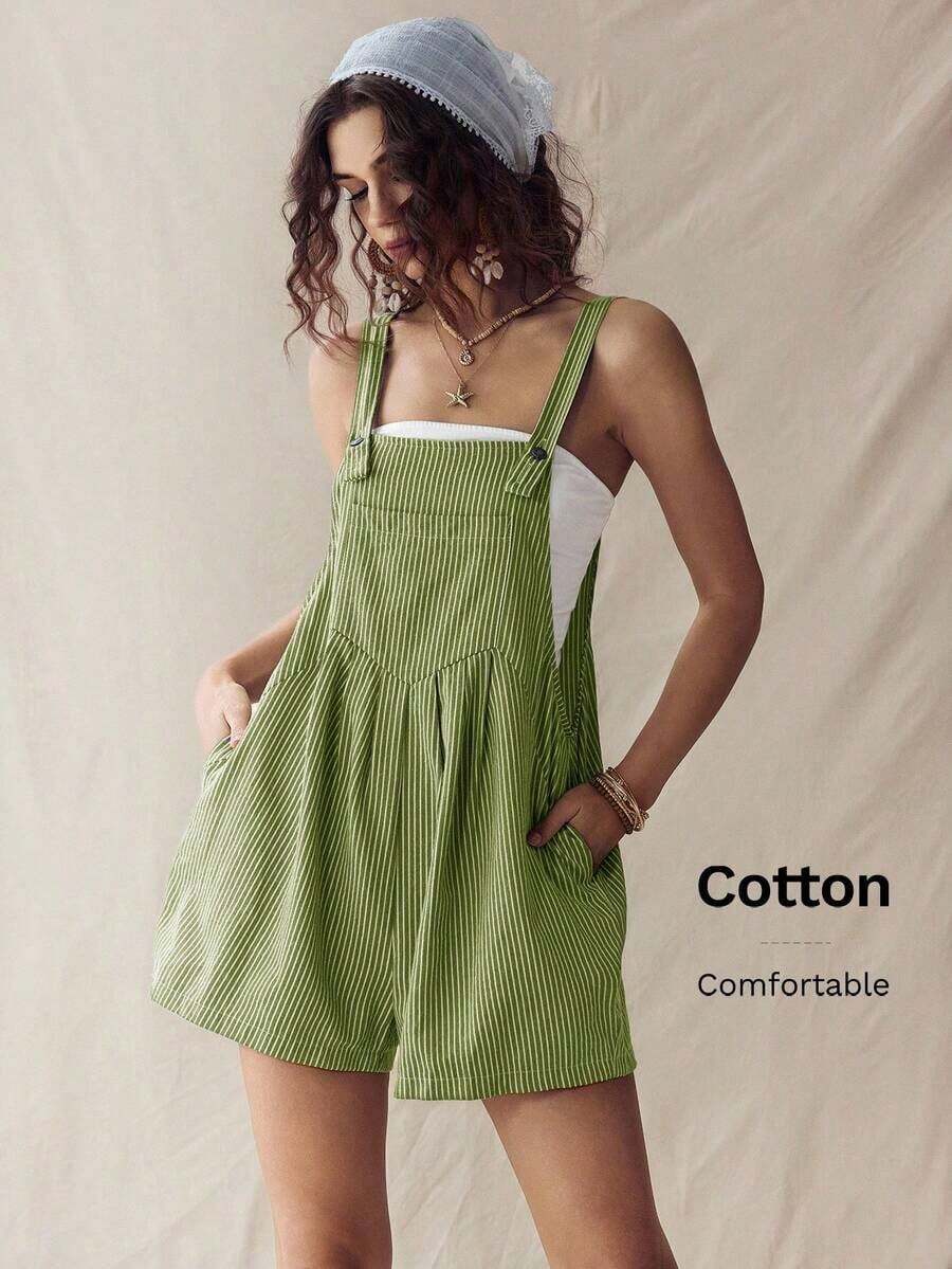 Mono de verano estilo boho, casual y versátil para mujer, con diseño de rayas al estilo western y rave - Verde - Ver 1