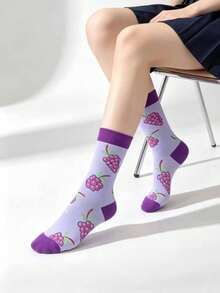 1 đôi tất nữ cổ cao họa tiết nho, kiểu dáng trái cây dễ thương, đa năng, thích hợp mặc hàng ngày. - Nhiều màu - Xem 5