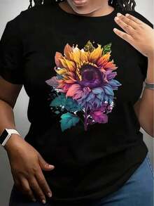 Camiseta de manga corta para mujer, blanca, con estampado floral de girasoles coloridos, ropa casual para salidas diarias y amantes de la naturaleza. - Negro - Ver 7