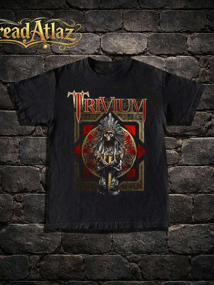 Camiseta para hombre de estilo metalero con el logotipo de la banda Trivium y un diseño de guerrero, perfecta como regalo de verano y otoño para amantes de la música y fans del rock. Una camiseta de manga corta adecuada para el hogar, uso diario, fiestas y viajes, ideal como regalo para amigos o familiares. - Negro - Ver 1