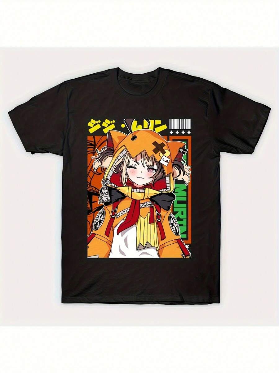 New Product 2026 - Small Size Gigi Murin Justice Anime Print T-Shirt - 220G Casual Short Sleeve T-Shirt, Single-Sided Print, Crew Neck, Washable, Comfortable For All Seasons, Anime T-Shirt, Comfortable - 黑色 - 查看 1