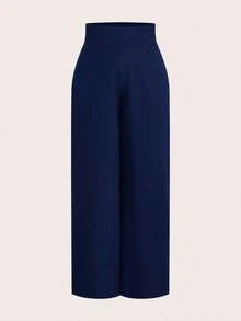 Pantalones anchos de cintura alta con textura, moda casual sencilla para la temporada de vuelta al colegio, estilo de dinero viejo para ir y venir - Azul marino 2 - Ver 5