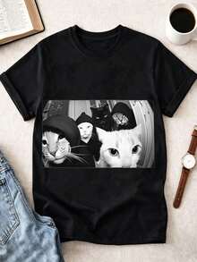 Camiseta unisex de manga corta, estilo gótico con estampados de gato, ángel de la muerte y médico de la peste, divertida camiseta con estampado en blanco y negro, top de estilo casual urbano.playeras de hombre playeras oversize de mujer y2k camisa de mujer camisa blusa casual mujer blusa elegante mujer ofertas - Negro - Ver 1