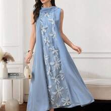 Al Najma Women's Floral Embroidered Mandarin Collar Sleeveless Elegant Arabic Dress, Summer - Azul - Ver 9