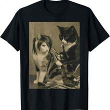 Funny Emo Cat Haircut Vintage Barber Meme Gothic Humor T-Shirt - Black - View 1