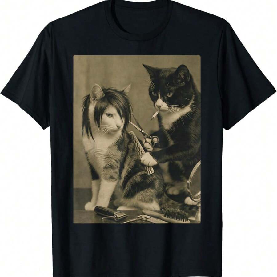 Funny Emo Cat Haircut Vintage Barber Meme Gothic Humor T-Shirt - Black - View 1