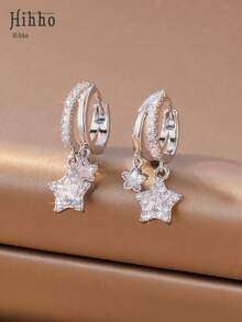 Hihho 1 Par de Brincos de Luxo Versáteis com Dupla Argola Cravejada de Diamantes e Dupla Estrela, Joias Requintadas, Elegantes e Criativas para Mulheres, Adequados para Uso Diário e Presentes Decorativos para Festas. - Brincos de estrela - Ver 5