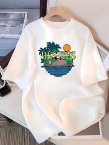 La imagen muestra a dos amigos descansando juntos bajo palmeras con el sol al atardecer simbolizando amistad, relajación y alegría compartida camiseta de mujer casual de corte cómodo  suave ideal para uso diario - Blanco - Ver 3