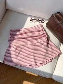 Minifalda acampanada fruncida con estampado de lunares para el verano - Rosa - Ver 7