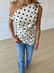 Camiseta de mujer casual con estampado de lunares asimétrica en los hombros, para verano - Multicolor - Ver 8