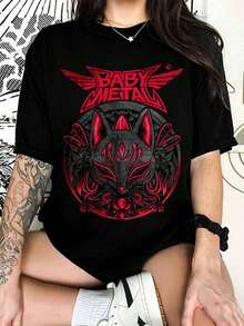 B-BABYMETALS T-Shirt With Japanese Metal Fox Mask, Black And Red - Black - View 6