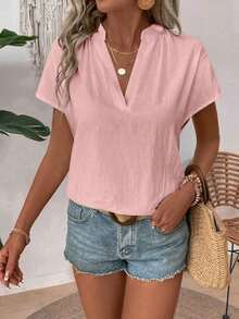 Blusa de mujer de unicolor con textura y cuello en V de manga corta versátil - Rosa Pálido - Ver 6