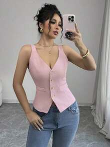 Camiseta sin mangas de un solo pecho de unicolor casual para mujer - Rosa - Ver 1