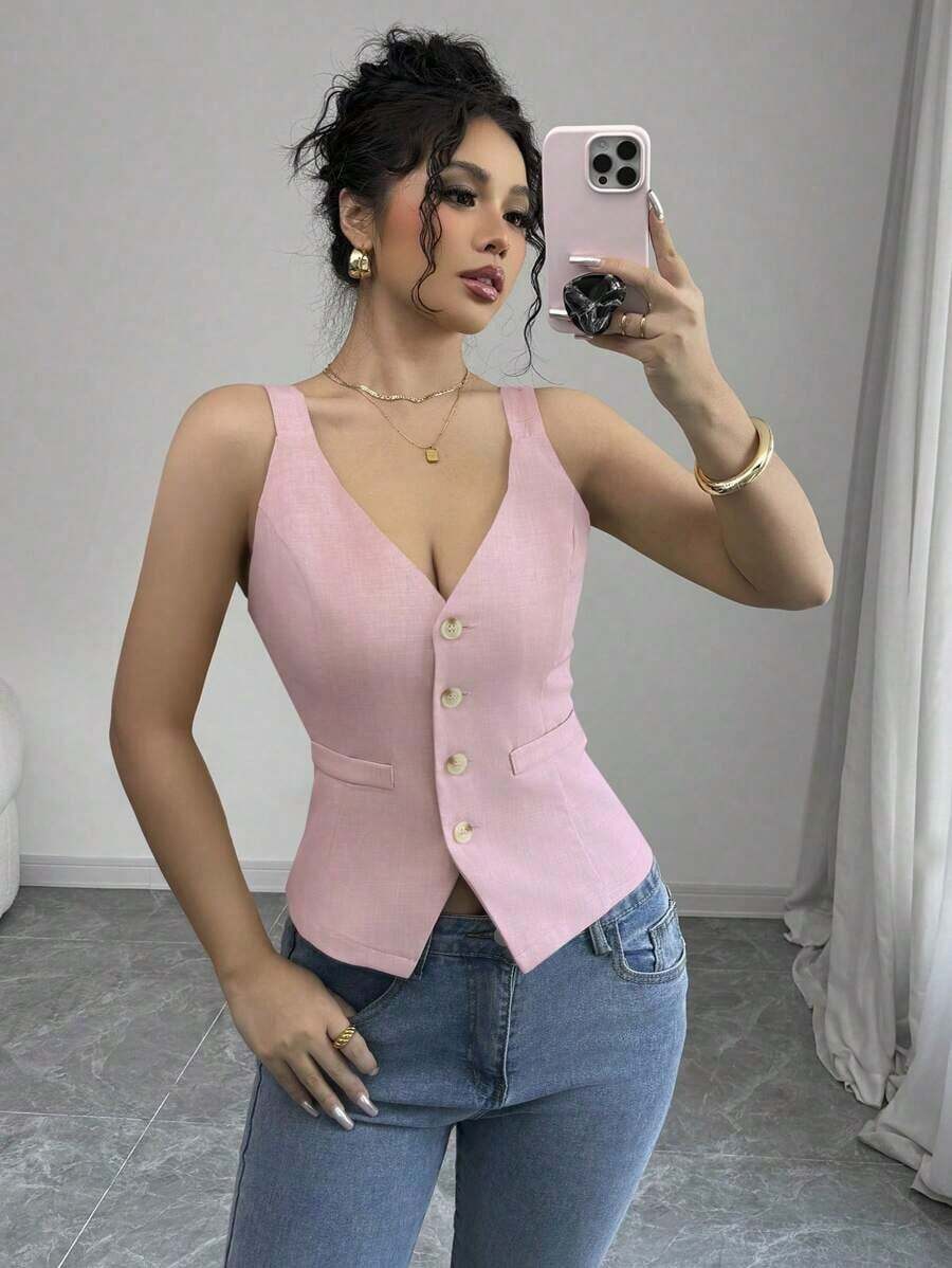 Camiseta sin mangas de un solo pecho de unicolor casual para mujer - Rosa - Ver 1