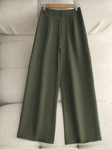 Pantalones casuales sueltos con bolsillos plisados de unicolor para mujer - Verde militar - Ver 2
