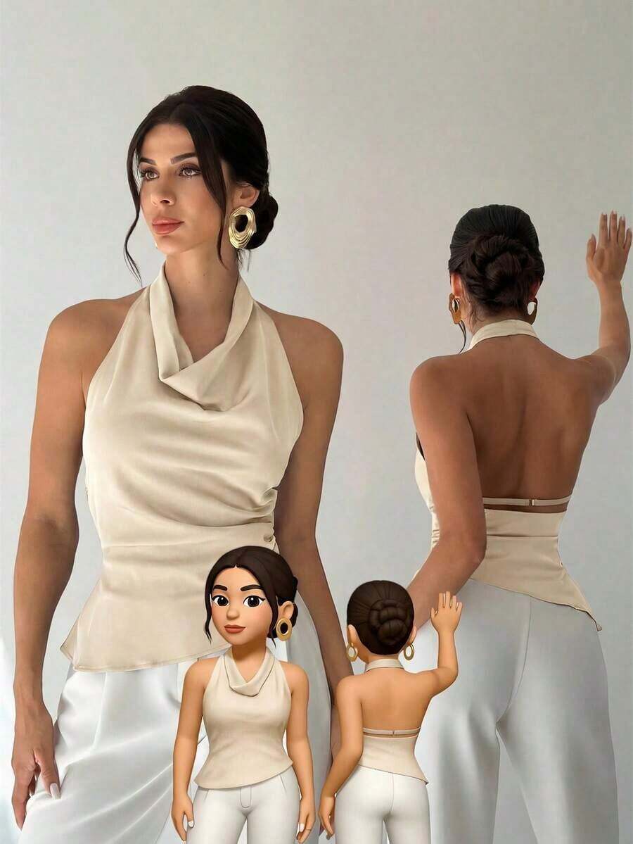 Camisa elegante de oficina para mujer, blusa asimétrica sin mangas con cuello halter y espalda descubierta, con botones decorativos ajustables, negra y entallada, para uso en la oficina.Ropa de primavera/verano, elegante y sexy. - Albaricoque - Ver 1