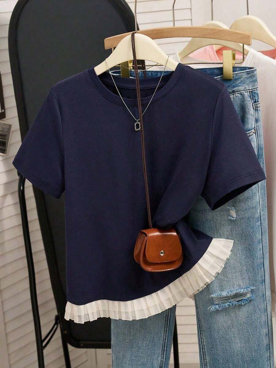 1 pieza Camiseta de moda para mujer con flecos, seda de leche de 180g - Azul marino - Ver 1